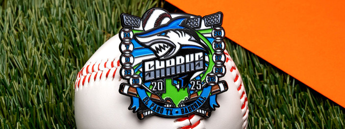 Sharks 2025 baseball trading pin with a blue shark over crossed bats inside a ring of player numbers, resting on a baseball on turf
