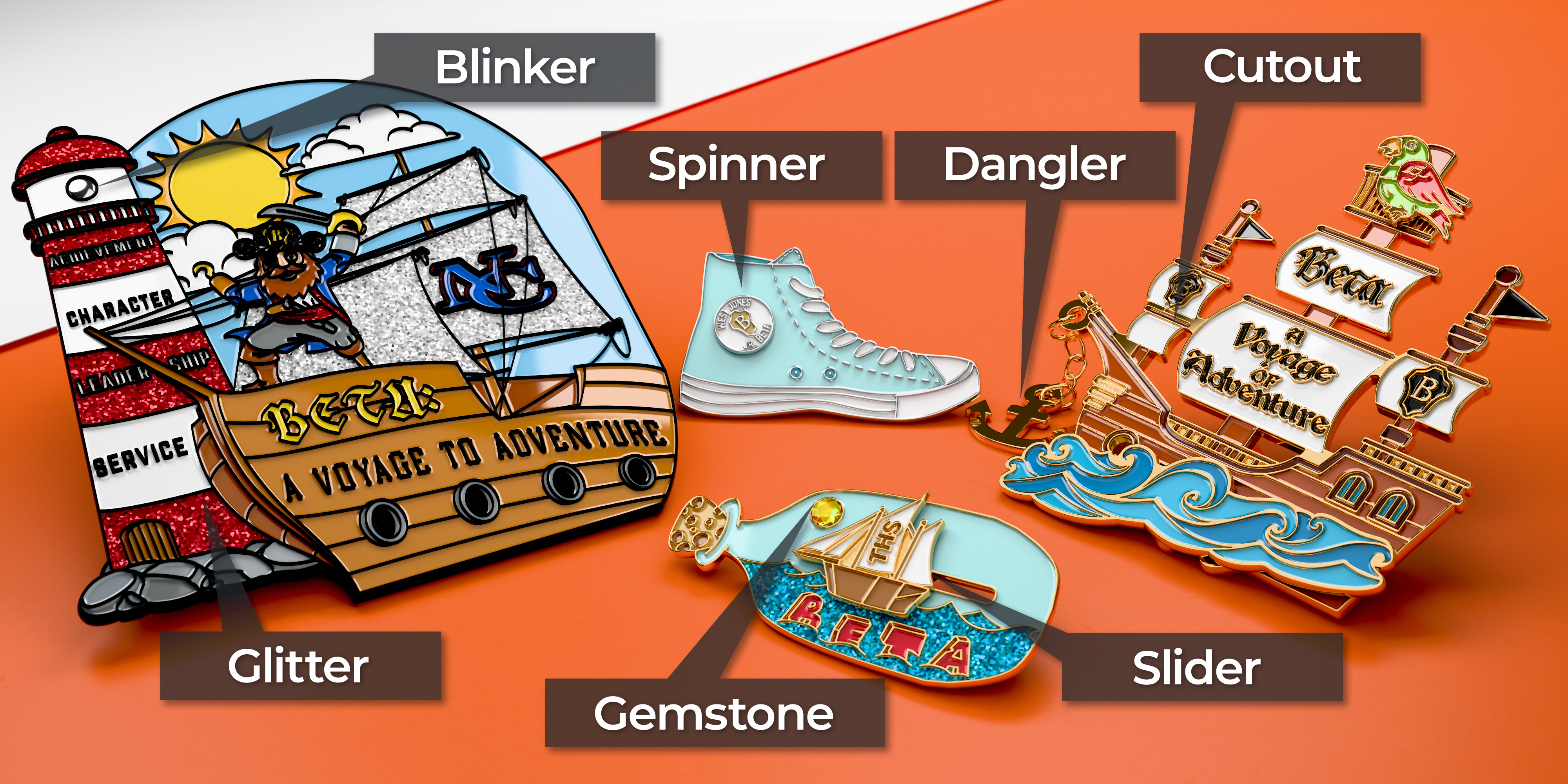 A collection of pins showing options like gemstones, cutouts, danglers, blinkers, and more!