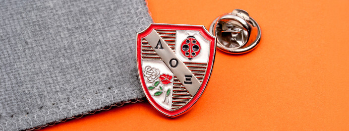 Red and white shield pin with three Greek letters, a ladybug and roses, beside a silver clutch on gray fabric