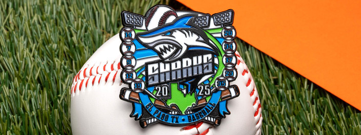 Sharks 2025 baseball trading pin with a shark mascot, set against a baseball in the grass